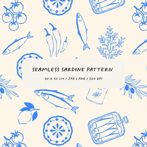 Puede incluir: Un patrón continuo con ilustraciones de línea azul de sardinas, tomates, chiles, limones, aceitunas y platos decorativos sobre un fondo crema. El texto central dice SEAMLESS SARDINE PATTERN 30 x 30 CM | JPG | PNG | 300 DPI.