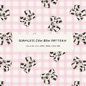 Puede incluir: Un patrón repetido de lazos en blanco y negro con estampado de vaca sobre un fondo de cuadros rosas y blancos. Se muestra el texto "SEAMLESS COW BOW PATTERN", junto con las dimensiones 30 x 30 cm.