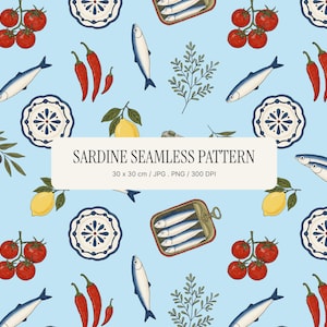 Puede incluir: Un patrón continuo sobre fondo azul claro con ilustraciones de sardinas, latas de sardinas abiertas, tomates rojos en rama, chiles rojos, limones amarillos, ramas de olivo y platos decorados en azul y blanco. Texto: SARDINE SEAMLESS PATTERN 30 x 30 cm / JPG . PNG / 300 DPI.