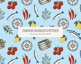 Mediterranean Fish Seamless Pattern, Sardine and Lemon Coastal Design