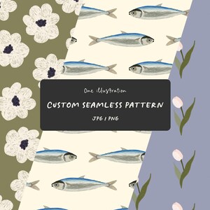 Puede incluir: Un gráfico digital que presenta tres patrones continuos distintos: flores blancas esbozadas sobre fondo verde oliva, peces azules sobre fondo crema y tulipanes rosas sobre fondo azul bígaro. El texto dice: One illustration CUSTOM SEAMLESS PATTERN JPG | PNG.