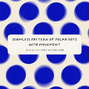 Puede incluir: Un patrón sin costuras con lunares azules grandes con un efecto borroso sobre un fondo crema. La imagen incluye el texto "SEAMLESS PATTERN OF POLKA DOTS WITH MOVEMENT" y dimensiones de 32 x 32 cm.