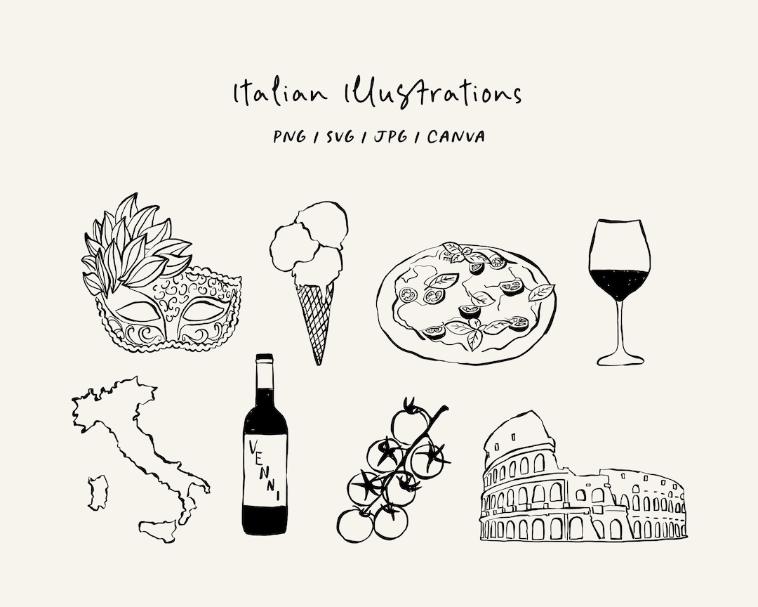 Hand Drawn Italy Illustrations. Icons in SVG / PNG / Canva for