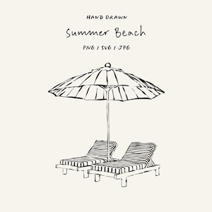 Puede incluir: Ilustración dibujada a mano de una escena de playa con una gran sombrilla a rayas y dos tumbonas. El texto "Summer Beach" está encima de la imagen, con "PNG | SVG | JPG" debajo.
