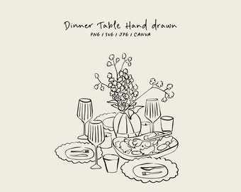 Hand drawn dinner table SVG, PNG, CANVA. Illustration for invitation, stationery or branding. Dinner icon for party invitation