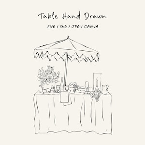 May include: A black and white line drawing of a table set for a party. The table is covered with a tablecloth and has a vase of flowers, glasses, and a bottle of wine on it. There is an umbrella above the table.