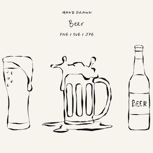 Puede incluir: Ilustración dibujada a mano de artículos relacionados con la cerveza. La imagen presenta una pinta, una jarra de cerveza desbordante de espuma y una botella de cerveza con la etiqueta "Beer". También se incluye el texto "Hand Drawn" y "Beer".