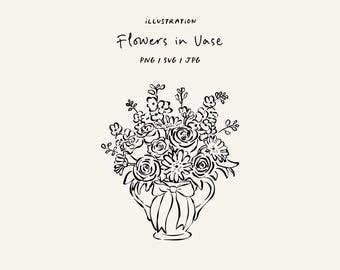 Hand drawn flowers in a vase PNG, SVG, and JPG. Vase icon with flowers. Flower doodle for invitations, stationery, or branding.