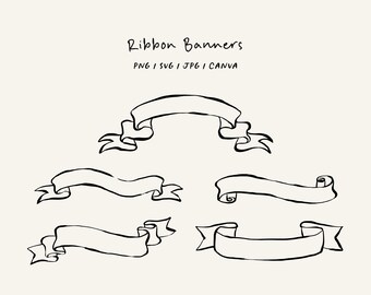 Set of hand drawn ribbon banners. Ribbon clipart for names. Icons in SVG/PNG/Canva format for invitations and designs.