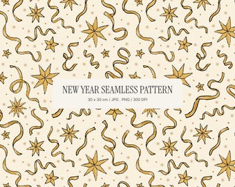 Cream and Gold New Year Seamless Pattern, Elegant Festive Digital Paper