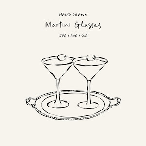 May include: A hand-drawn illustration featuring two martini glasses, each garnished with an olive, presented on a decorative tray. The text above reads "Martini Glasses" and "Hand Drawn". Below the text are the file types: JPG, PNG, and SVG. The image is in black and white.