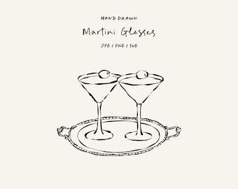 Hand drawn martini glasses in SVG, PNG, and JPG formats. Tablescape for invitations, stationery, or branding. Toast icon. Cheers!
