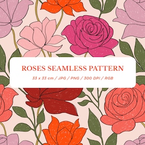 Puede incluir: Un patrón sin costuras con rosas rosas, rojas y naranjas con hojas verdes sobre un fondo rosa claro. El texto "ROSES SEAMLESS PATTERN 33 x 33 cm/JPG/PNG/300 DPI/RGB" se muestra en el centro de la imagen.