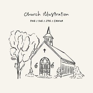 Wedding venue. Hand drawn church illustration SVG, PNG, CANVA. Chapel for wedding invitation, stationery or branding.
