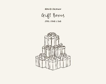 Hand-drawn gift boxes SVG, PNG, and JPG. Holiday illustration for cards, invitations, or social media designs. Doodle