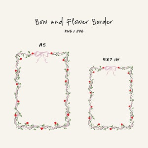 Strik en bloemenrand. PNG- en JPG-bloemenrand in twee maten A5 en 5x7 inch. Coquette boogframe met bloemen voor uitnodigingen en kaarten