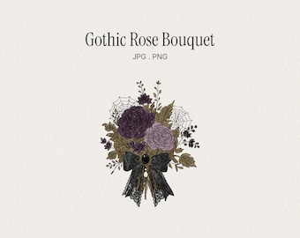 Gothic Purple Rose Bouquet Illustration with Black Bow. Dark Coquette. PNG & JPG