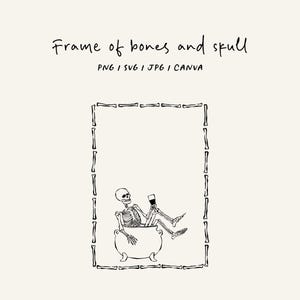 Hand drawn bones frame for Halloween . Skull drinking wine. Border PNG, SVG, CANVA for invitations. Halloween spooky frame