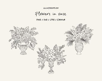 Pack of 3 hand drawn vases (PNG, SVG). Vase icon with flowers. Flower doodle for invitations, stationery, or branding.