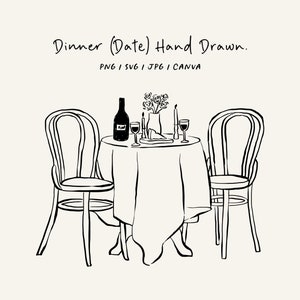 Puede incluir: Una ilustración dibujada a mano en blanco y negro de una cena romántica para dos. La ilustración presenta una mesa con dos sillas, una botella de vino, dos copas de vino, velas y un jarrón de flores.