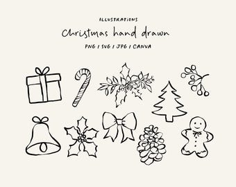 Hand-drawn Christmas icon pack. SVG / PNG / Canva Christmas illustrations for invitations, cards, decor, gifts