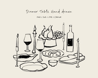 Hand drawn dinner table SVG, PNG, CANVA. Illustration for invitation, stationery or branding. Dinner icon for party invitation