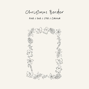 May include: A rectangular Christmas border design featuring hand-drawn illustrations of gingerbread men, bows, candy canes, and holly. The words "Christmas Border" are written at the top, along with file type information.
