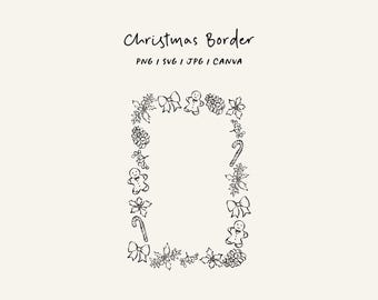 Hand-drawn Christmas border. Christmas frame illustration SVG, PNG, Canva. Doodle-style frame for stationery and digital design.