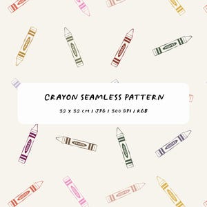 Puede incluir: Un patrón sin costuras con ilustraciones dispersas de crayones en varios colores, incluyendo rojo, verde y morado, sobre un fondo crema. El diseño incluye el texto "Crayon Seamless Pattern" y dimensiones de 32 x 32 cm.