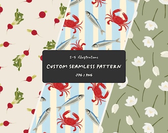 Exclusive custom seamless pattern with 2-5 full color illustrations. Custom design for textiles, wallpaper, branding, marketing, stationery