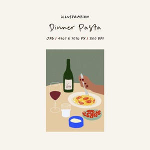 Puede incluir: Ilustración de una escena de cena con pasta, vino y tomates. Una botella de vino verde y una copa de vino tinto están sobre la mesa. El texto "Dinner Pasta" está en la parte superior de la imagen.