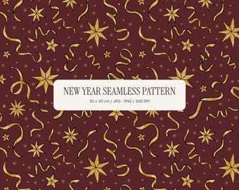Burgundy Gold New Year Seamless Pattern, Festive Digital Paper