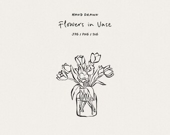 Hand drawn flowers. Tulip Line Art Illustration in Glass Vase. Minimal Floral Printable Design