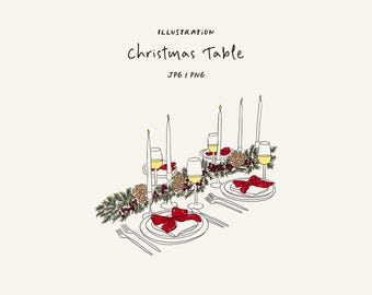 Christmas dinner table illustration PNG and JPG. Tablescape for invitations, stationery, or branding. Dinner icon for invitations.