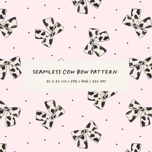 Puede incluir: Patrón sin costuras con lazos dibujados a mano con diseño de estampado de vaca, sobre un fondo rosa claro salpicado de pequeños círculos negros. El texto "SEAMLESS COW BOW PATTERN" se muestra. El patrón es de 30 x 30 cm.