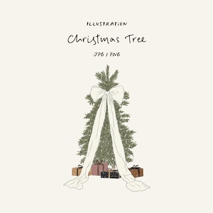 Puede incluir: Ilustración de un árbol de Navidad con un gran lazo blanco y cintas fluidas. Varios regalos envueltos en marrón, rosa y negro están en la base del árbol. El texto "Christmas Tree" y "JPG | PNG" están en la parte superior.