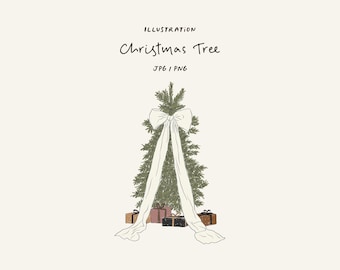 Hand painted Christmas tree with a bow and gift boxes (JPG - PNG) A Christmas illustration for cards, invitations, or social media designs.