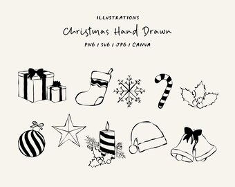 Hand-drawn Christmas icon pack. SVG / PNG / Canva Christmas illustrations for invitations, cards, decor, gifts
