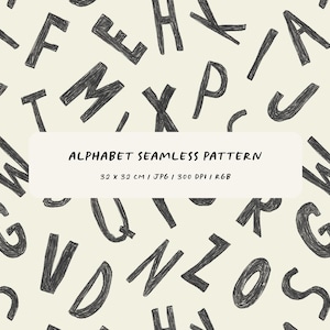 Puede incluir: Patrón sin costuras con letras negras dibujadas a mano sobre un fondo crema. Las letras están dispersas, creando un diseño lúdico. El texto "ALPHABET SEAMLESS PATTERN" se muestra en un rectángulo blanco. El patrón es de 32 x 32 cm.
