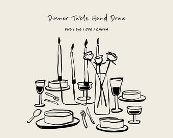 Hand drawn dinner table SVG, PNG, CANVA. Illustration for invitation, stationery or branding. Dinner icon for party invitation