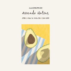 Puede incluir: Ilustración de dos mitades de aguacate sobre una superficie a rayas azules y blancas, sobre un fondo amarillo. El texto "Illustration" y "Avocado Halves" está en la parte superior.
