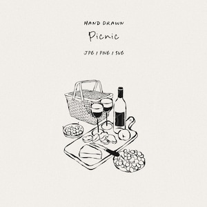 Puede incluir: Ilustración en blanco y negro dibujada a mano de una escena de picnic. Una cesta de mimbre, una botella de vino, dos copas de vino, queso, fruta y uvas están dispuestas sobre una tabla de cortar. El texto "HAND DRAWN Picnic JPG | PNG | SVG" está en la parte superior.
