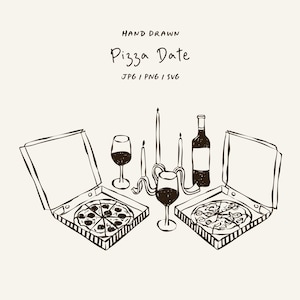Puede incluir: Ilustración dibujada a mano de una escena de cita con pizza. Dos cajas de pizza abiertas con pizzas, copas de vino, una botella de vino y velas están dispuestas sobre un fondo claro. El texto dice "Pizza Date".