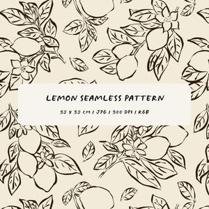 Puede incluir: Patrón sin costuras con un diseño repetido de limones, hojas y flores en negro sobre fondo crema. El texto "Lemon Seamless Pattern" se muestra en un rectángulo blanco. Dimensiones: 32 x 32 cm.