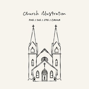 Hand drawn church illustration SVG, PNG, CANVA. Chapel for wedding invitation, stationery or branding. Wedding venue.