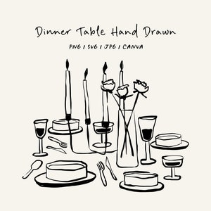Puede incluir: Una ilustración dibujada a mano en blanco y negro de una mesa puesta con velas, flores, platos, vasos y cubiertos. El texto "Dinner Table Hand Drawn" y "PNG | SVG | JPG | CANVA" está incluido en la imagen.