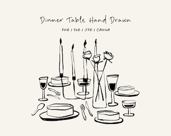 Hand drawn dinner table SVG, PNG, CANVA. Tablescape for invitation, stationery or branding. Dinner icon for party invitation