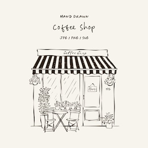 Hand drawn cafe facade illustration in PNG, JPG, SVG formats. Printable European shop window design. Cafe line art, food illustration.