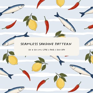 Puede incluir: Un patrón continuo con ilustraciones de sardinas azules y plateadas, limones amarillos con hojas verdes y chiles rojos sobre un fondo azul claro con rayas horizontales blancas. El texto dice: SEAMLESS SARDINE PATTERN 30 x 30 CM.