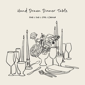 Hand drawn dinner table (SVG, PNG, CANVA). Tablescape for invitations, stationery, or branding. Dinner icon for party invitations.